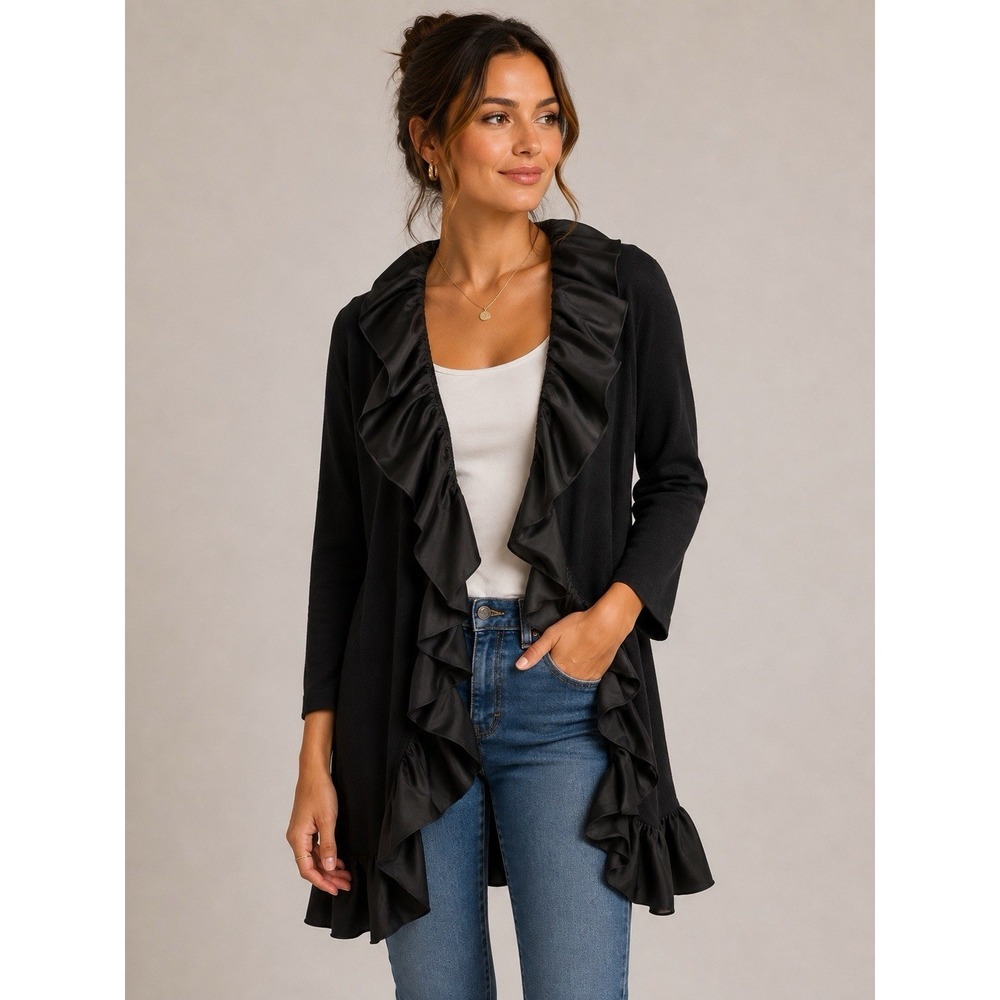 Chicos Black Label 2 Black Ruffle Open Front Cardigan Jacket Statement Chic L